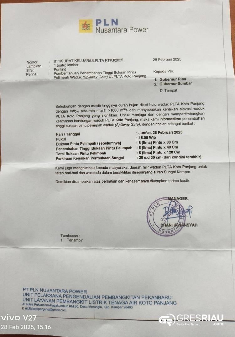 PLTA Koto Panjang Tambah Tinggi Bukaan Pintu Pelimpah Waduk