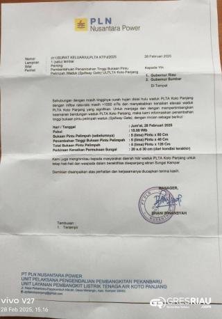 PLTA Koto Panjang Tambah Tinggi Bukaan Pintu Pelimpah Waduk