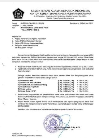 Kementerian Agama Kabupaten Kampar Tetapkan Qimat Zakat Fitrah Tahun 1447 H/2026 M